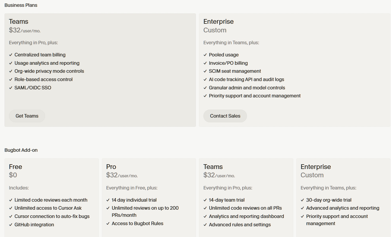 Cursor Business Plans and Bugbot Add-on Pricing
